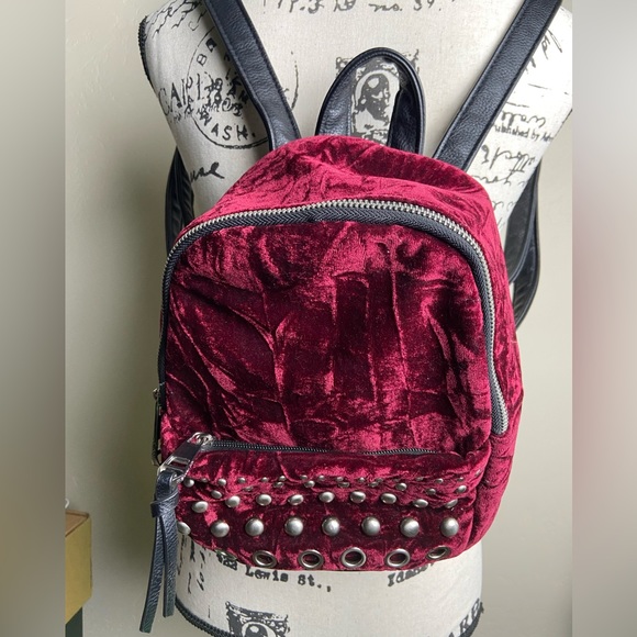 Steve Madden Dark Red Burgundy Velvet Backpack with Studs - Picture 3 of 8